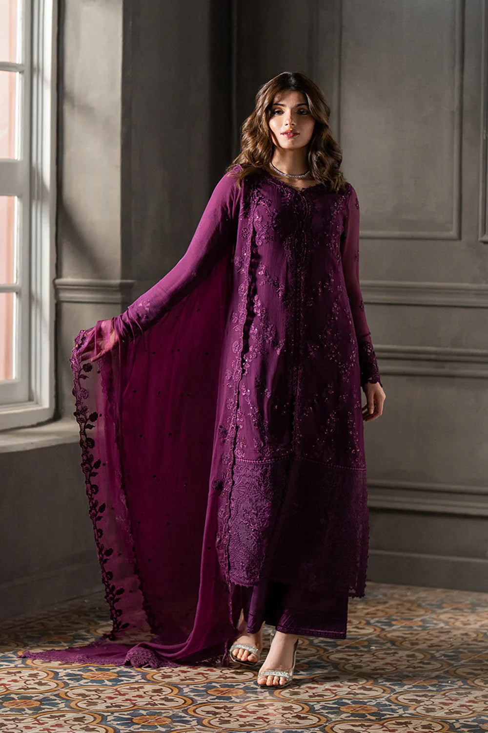 AZURE CHIFFON EMBROIDERED UNSTITCHED 3PC SUIT | KPA0070