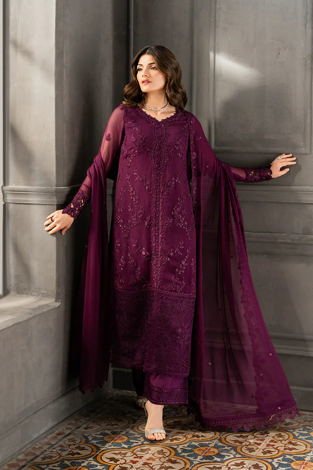 AZURE CHIFFON EMBROIDERED UNSTITCHED 3PC SUIT | KPA0070