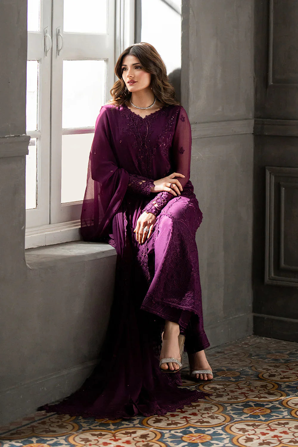 AZURE CHIFFON EMBROIDERED UNSTITCHED 3PC SUIT | KPA0070