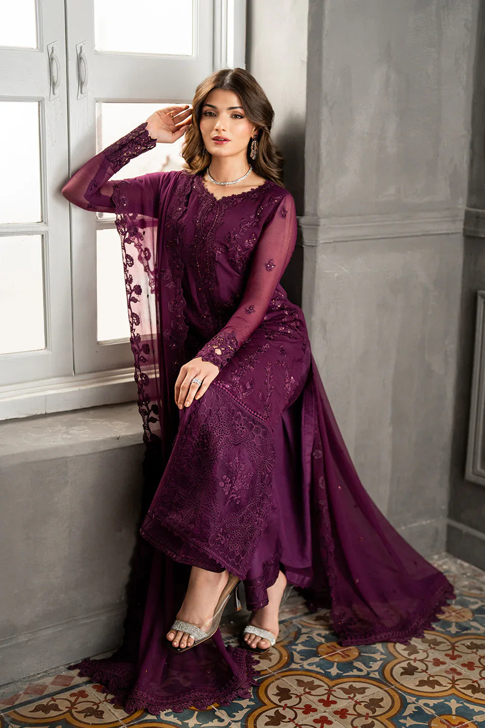 AZURE CHIFFON EMBROIDERED UNSTITCHED 3PC SUIT | KPA0070